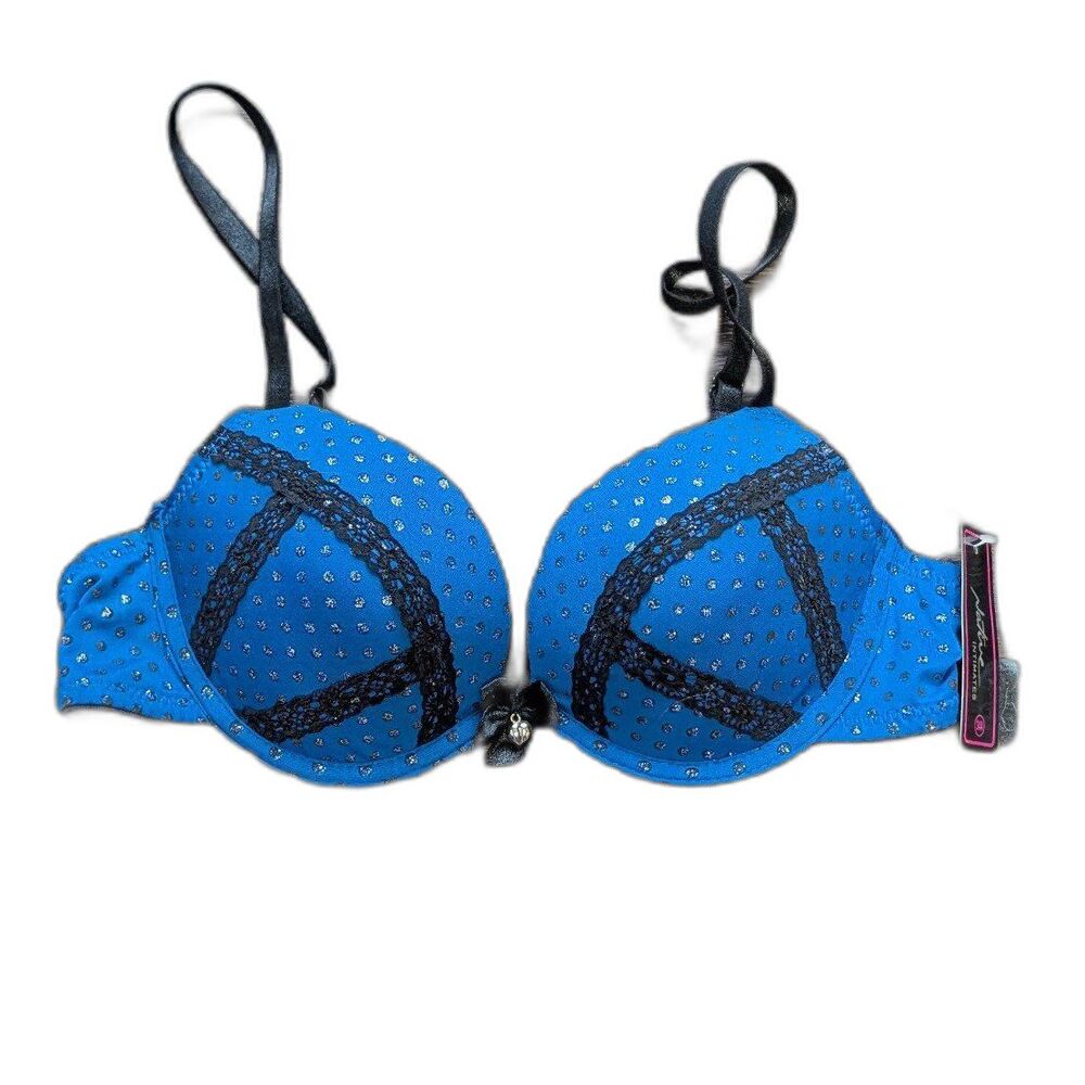 NWT Blue Polka Dot Black Lace Push Up Bra Native Intimates 34A